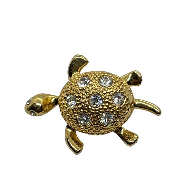 Napier Turtle Brooch Pin Crystal Rhinestone Gold Tone Signed Small Cute Vintage - Picture 1 of 15